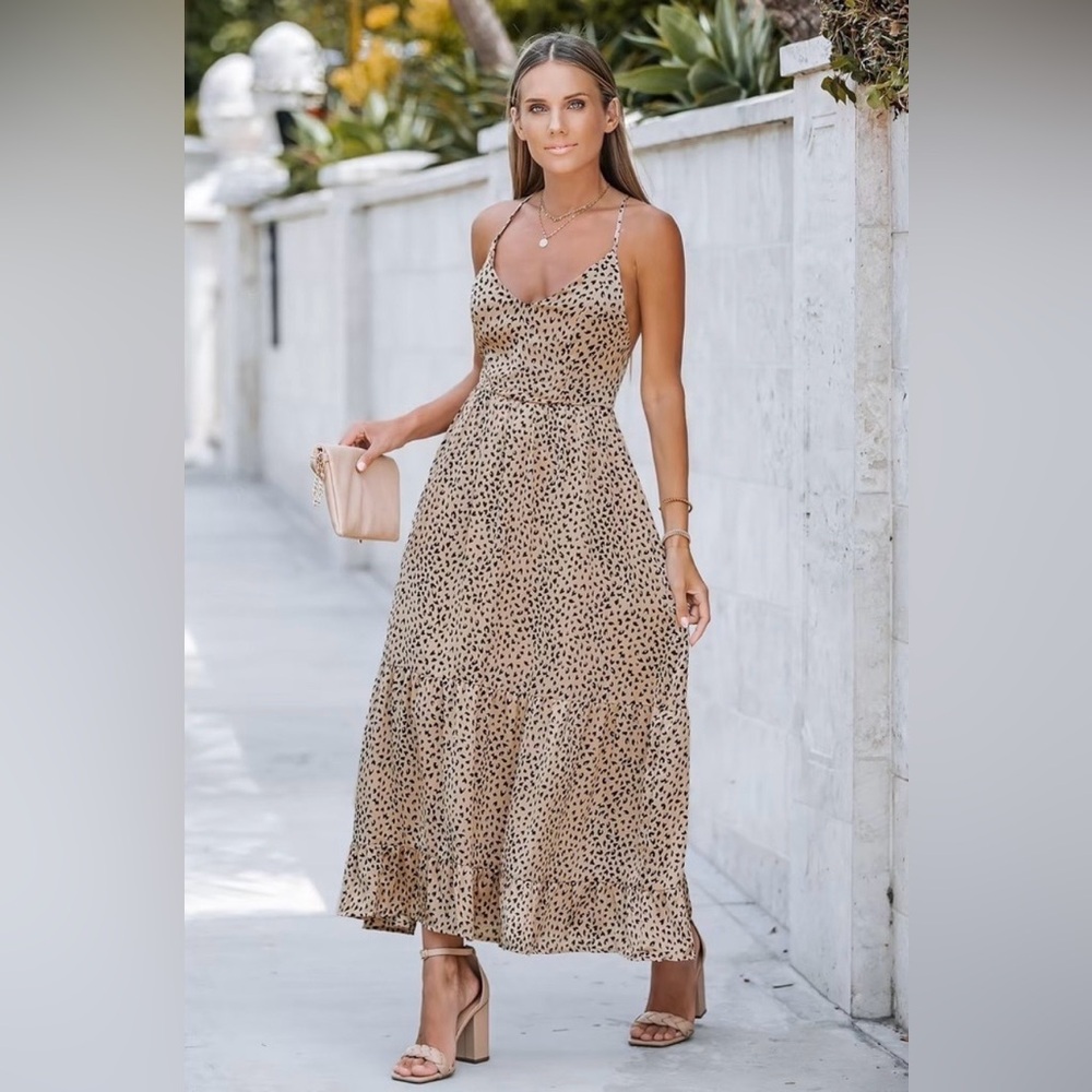 Cupshe Animal Spot Print Tie Back Vneck Lace-up Backless Maxi Slip Dress NEW
